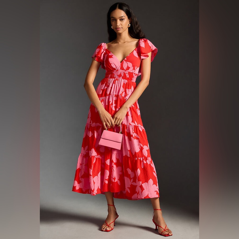 By Anthropologie Tiered Flutter-sleeve dress L